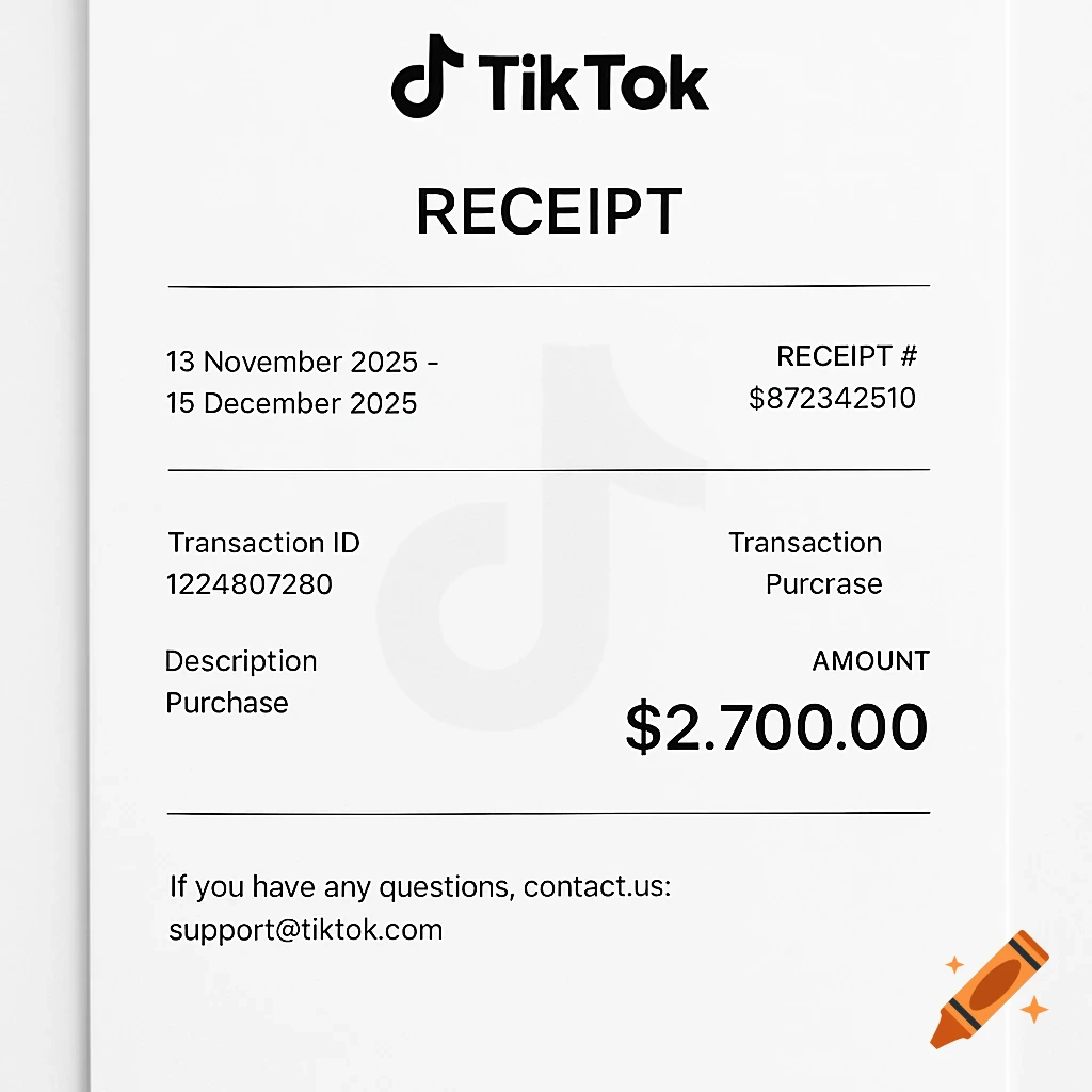 A black and white TikTok receipt on a white background with a faint TikTok logo watermark. Details include transaction dates, transaction ID, description, amount $2.700.00, and contact information.