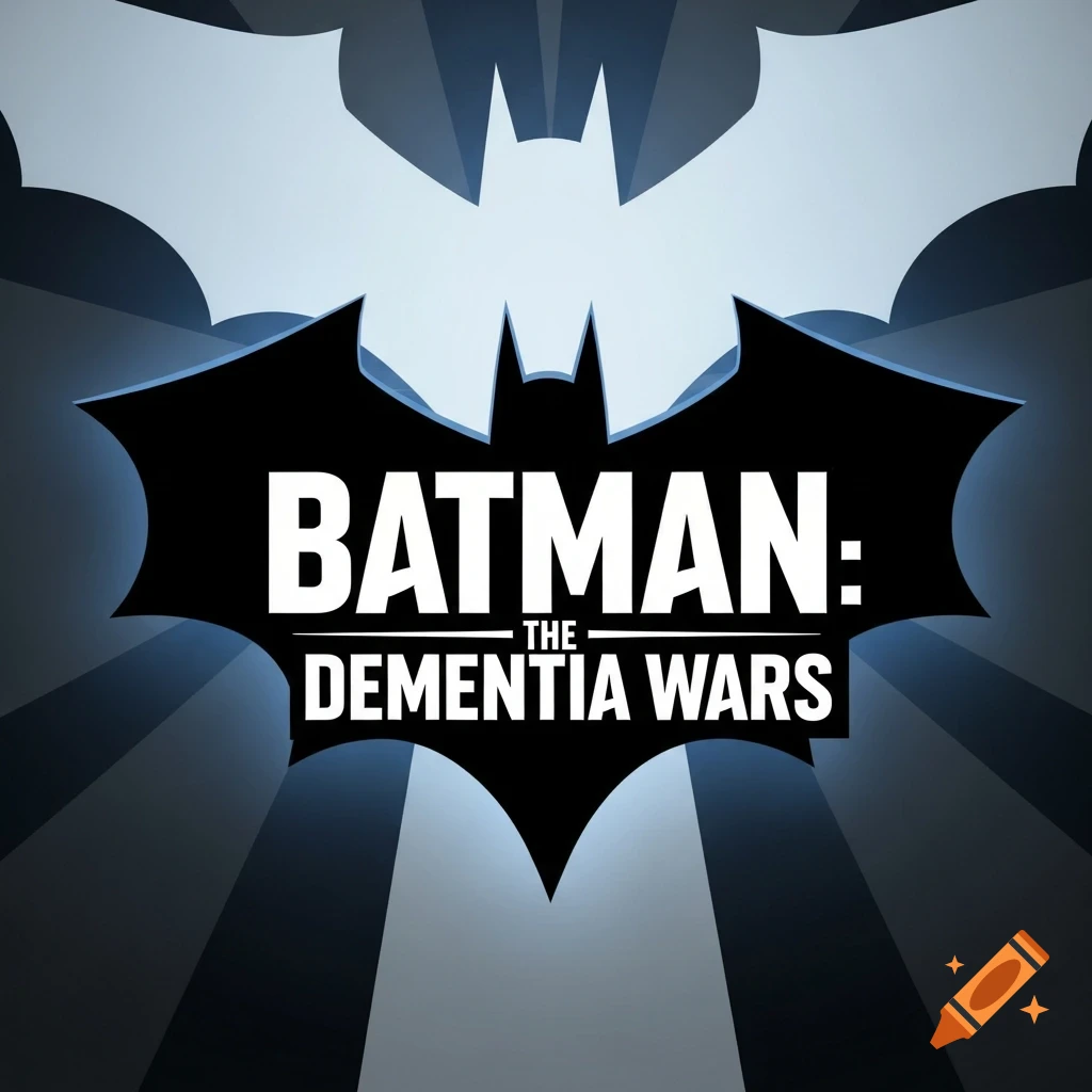 A black Batman logo with a blue outline and the text "BATMAN: THE DEMENTIA WARS" on a dark background with light rays.