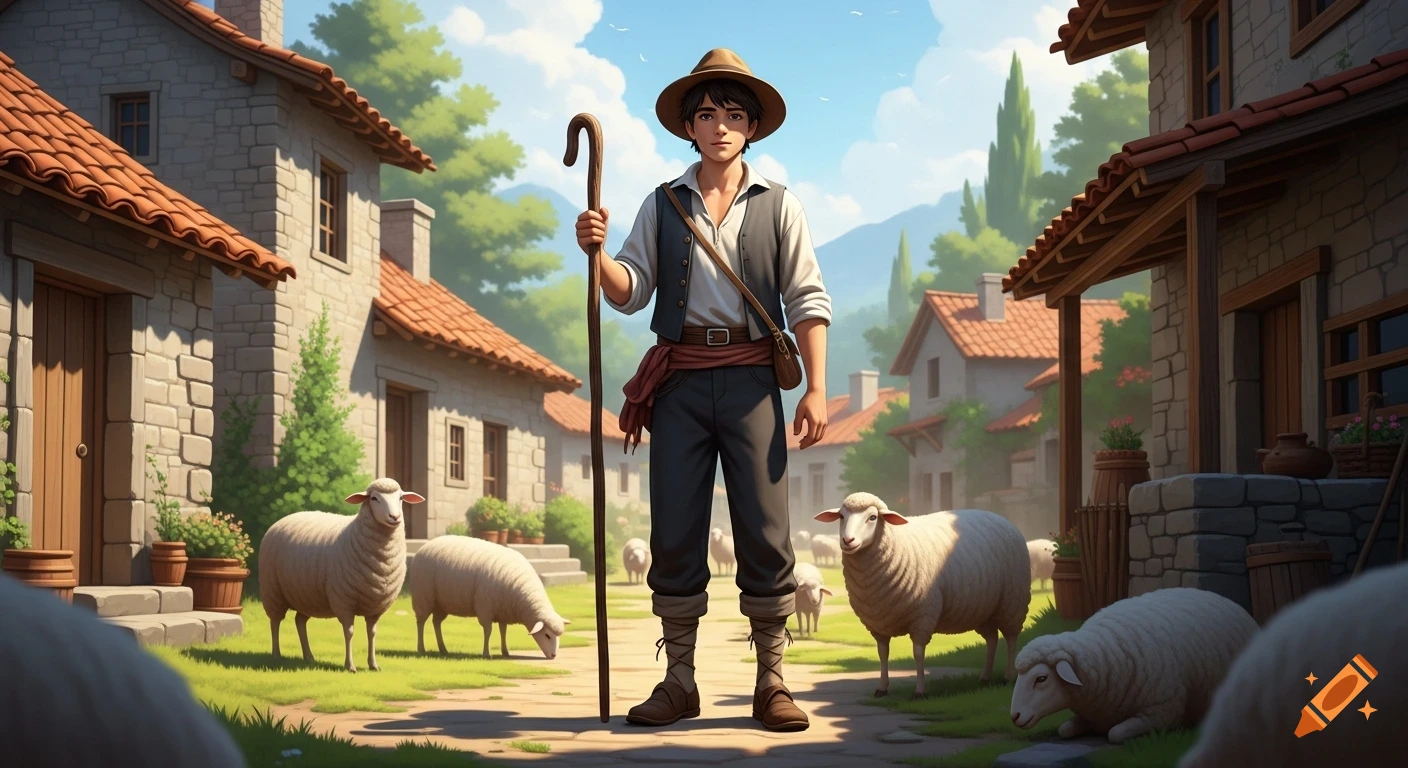 A young shepherd boy in traditional clothes holding a staff, surrounded by sheep in a sunny rural village, in a storybook illustration style.