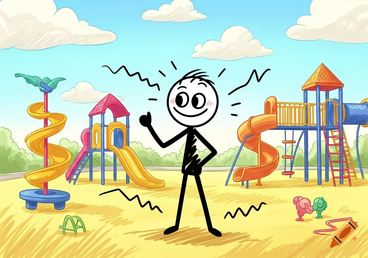 A cartoon stick figure with a smiley face gives a thumbs up in a bright, colorful playground under a blue sky.
