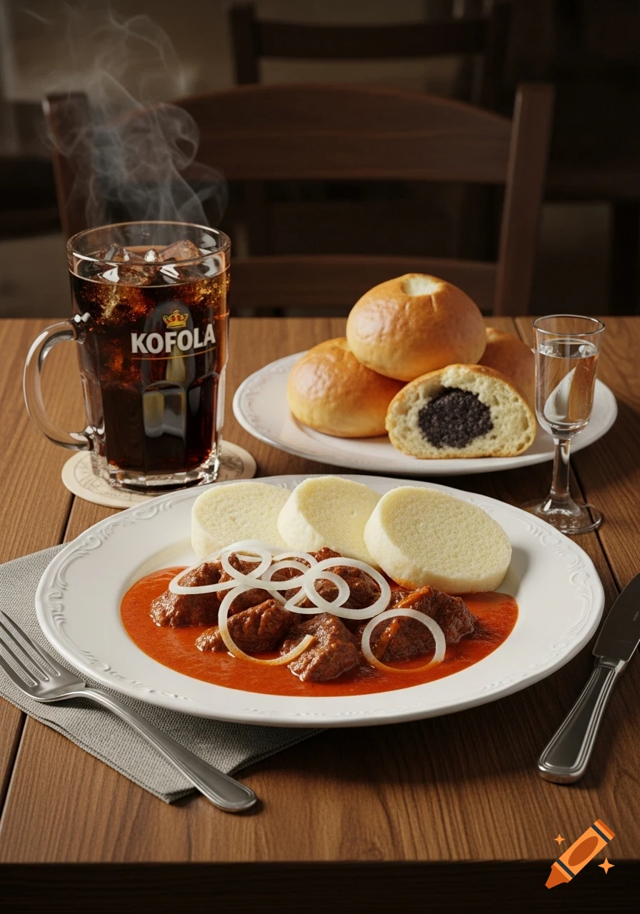 A photorealistic still life of traditional Czech food: beef goulash, dumplings, kol 00e1 008de, Kofola, and Slivovice on a wooden table.