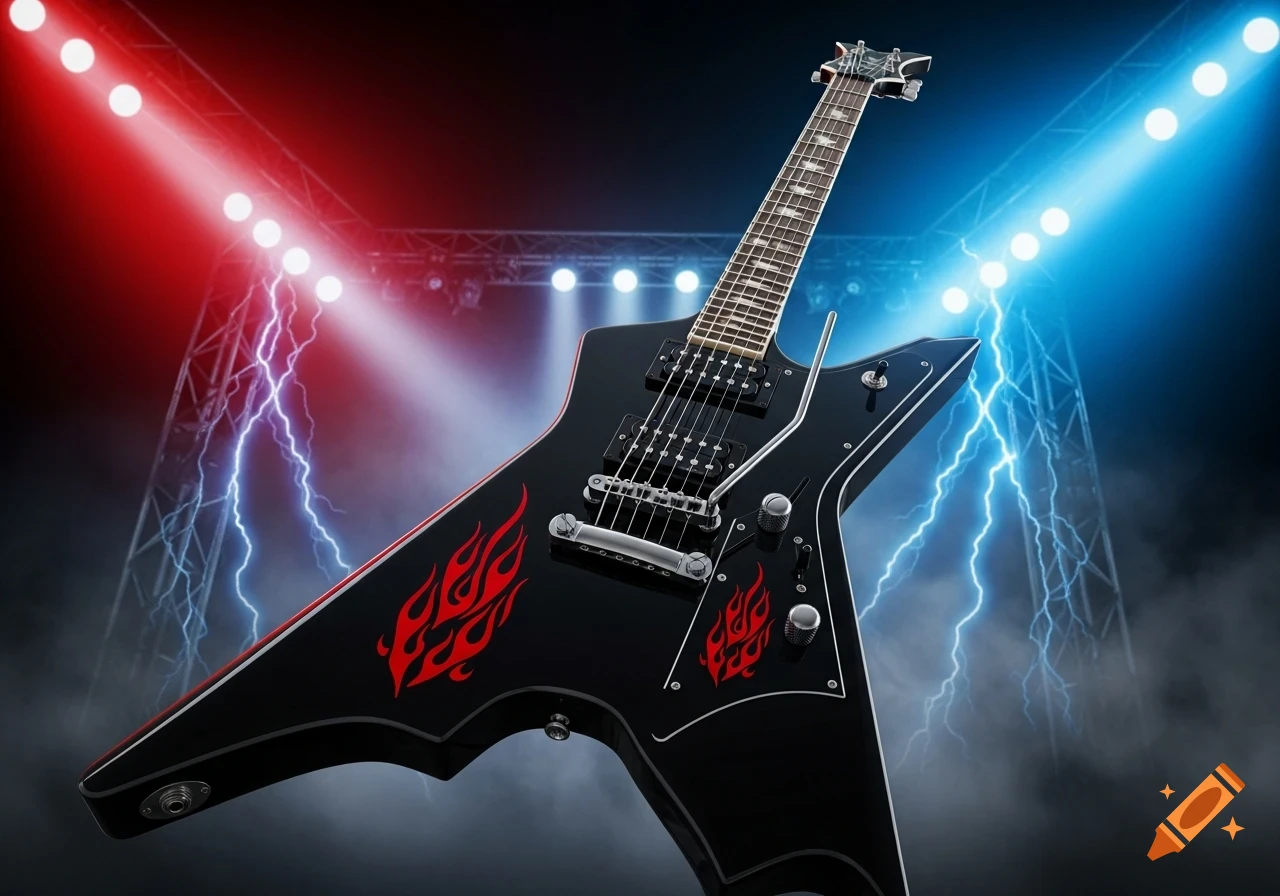 A black electric guitar with red flame decals stands on a stage bathed in red and blue spotlights with lightning effects.