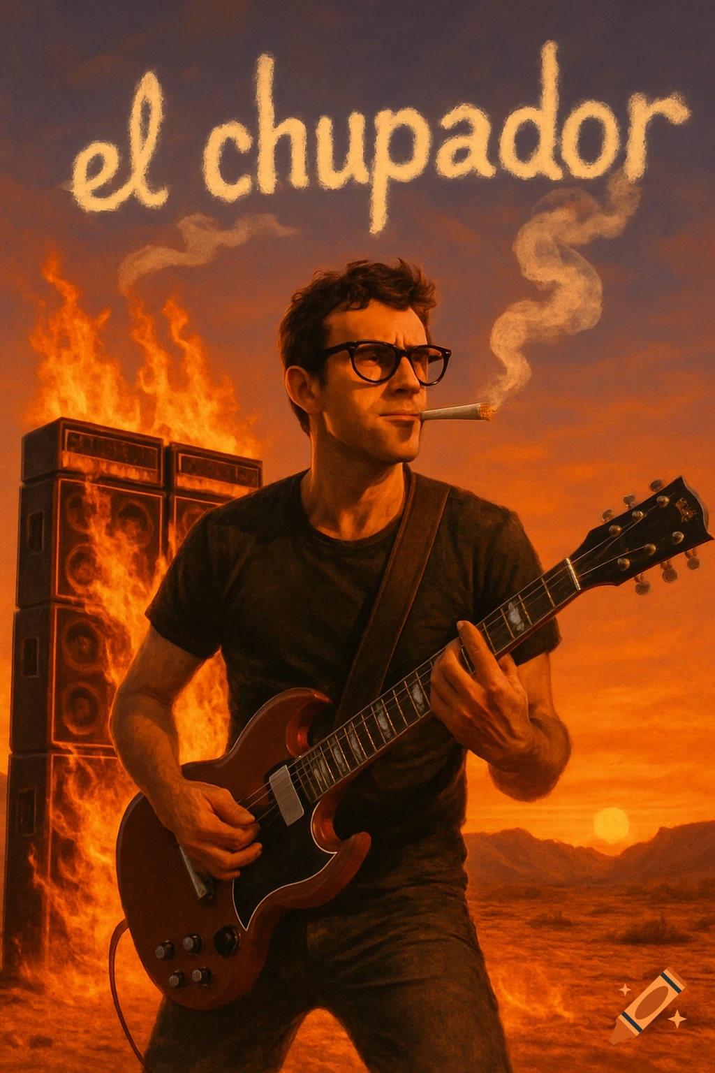Man in glasses plays electric guitar in a fiery desert at sunset, smoking a spliff with 'el chupador' smoke.