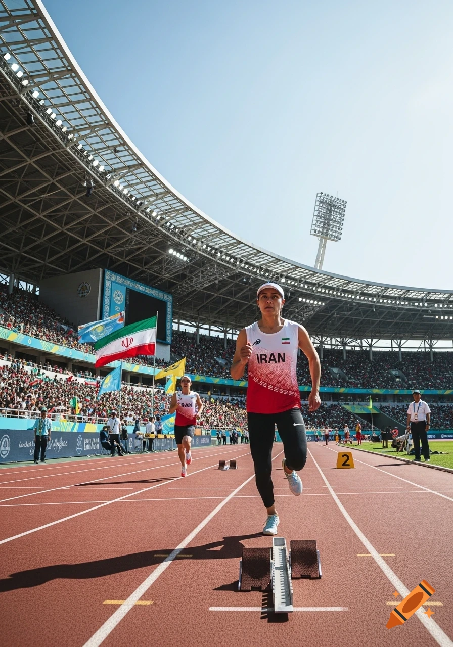 Two athletes wearing 'IRAN' jerseys run on a track in a crowded stadium under a clear sky, with the Iranian flag visible.