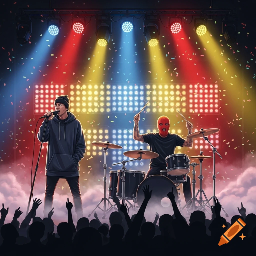 An illustration of a band performing on a stage lit with colorful spotlights and falling confetti. A singer in a beanie and hoodie holds a microphone, while a drummer in a red balaclava plays drums. Silhouetted audience members are in the foreground.