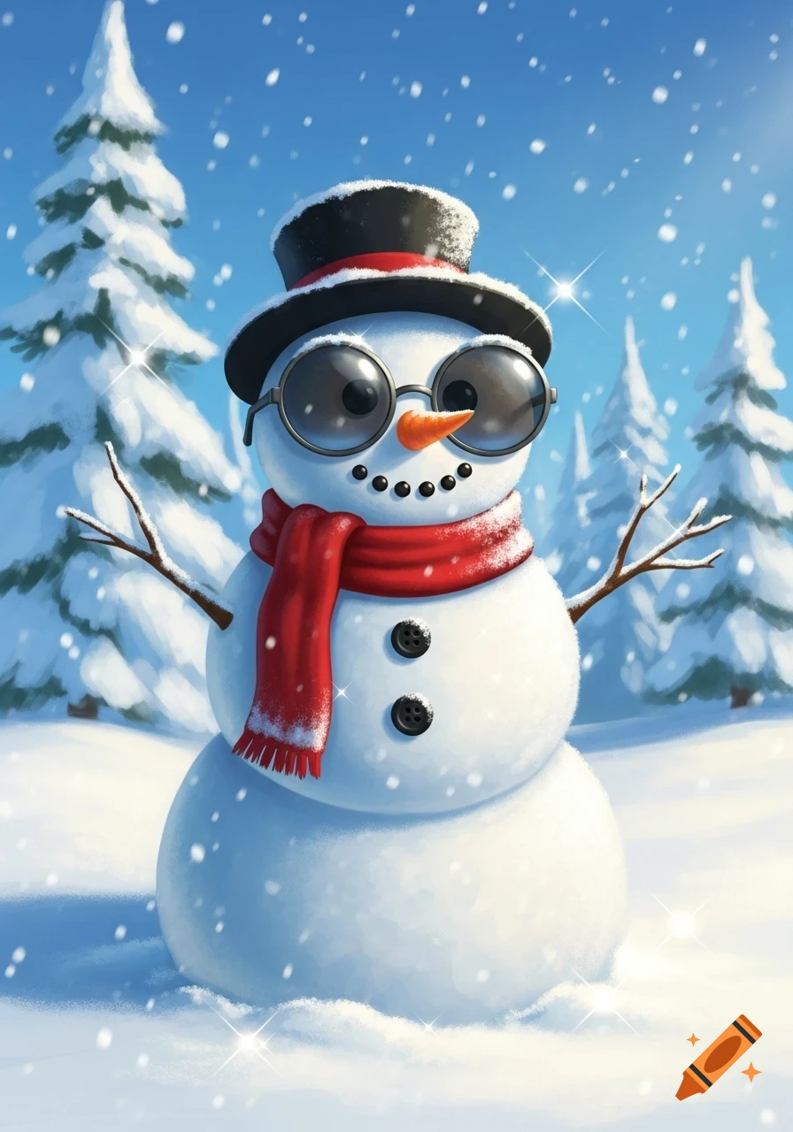 A cheerful cartoon snowman wearing a top hat, sunglasses, and a red scarf, standing in a snowy winter landscape.