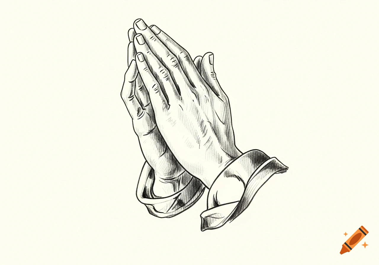 A black and white sketch drawing of two hands clasped together in prayer.