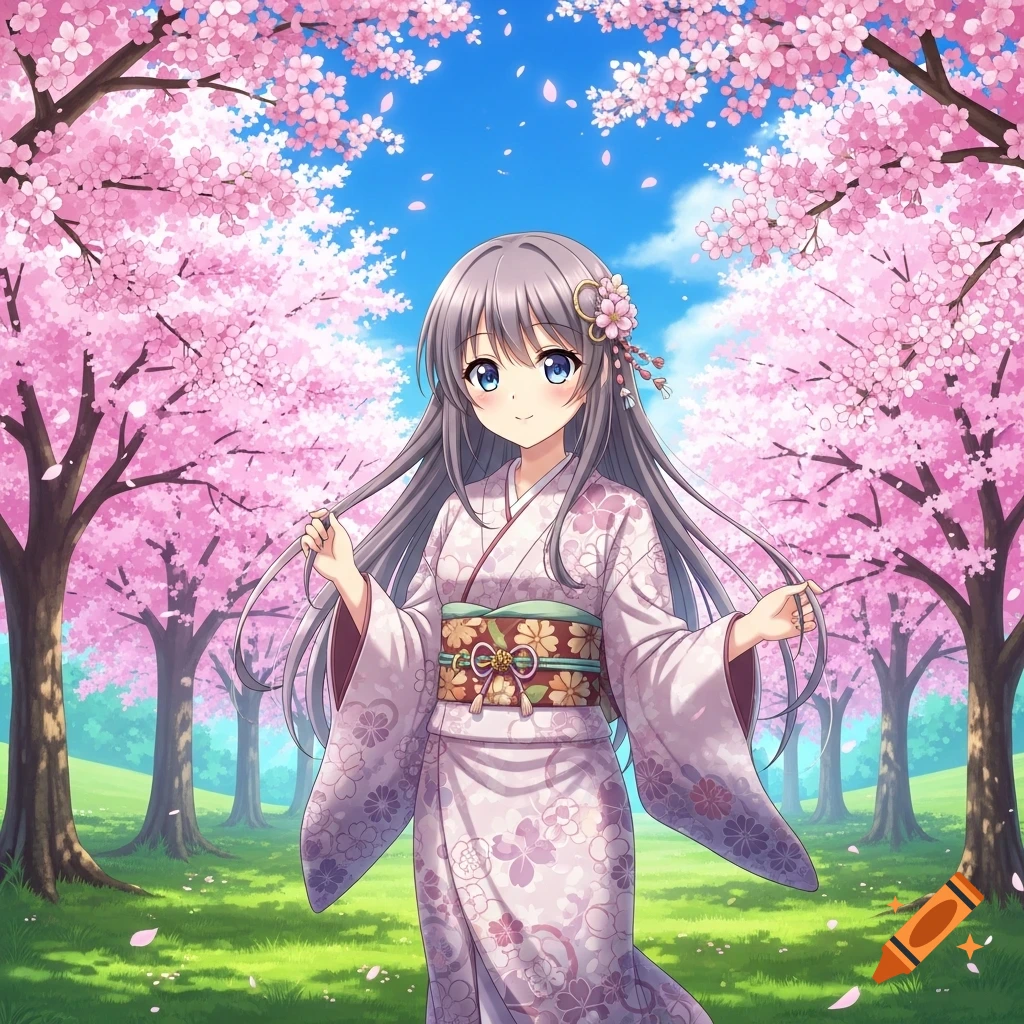 Anime girl in a patterned kimono stands under vibrant pink cherry blossom trees with a bright blue sky.