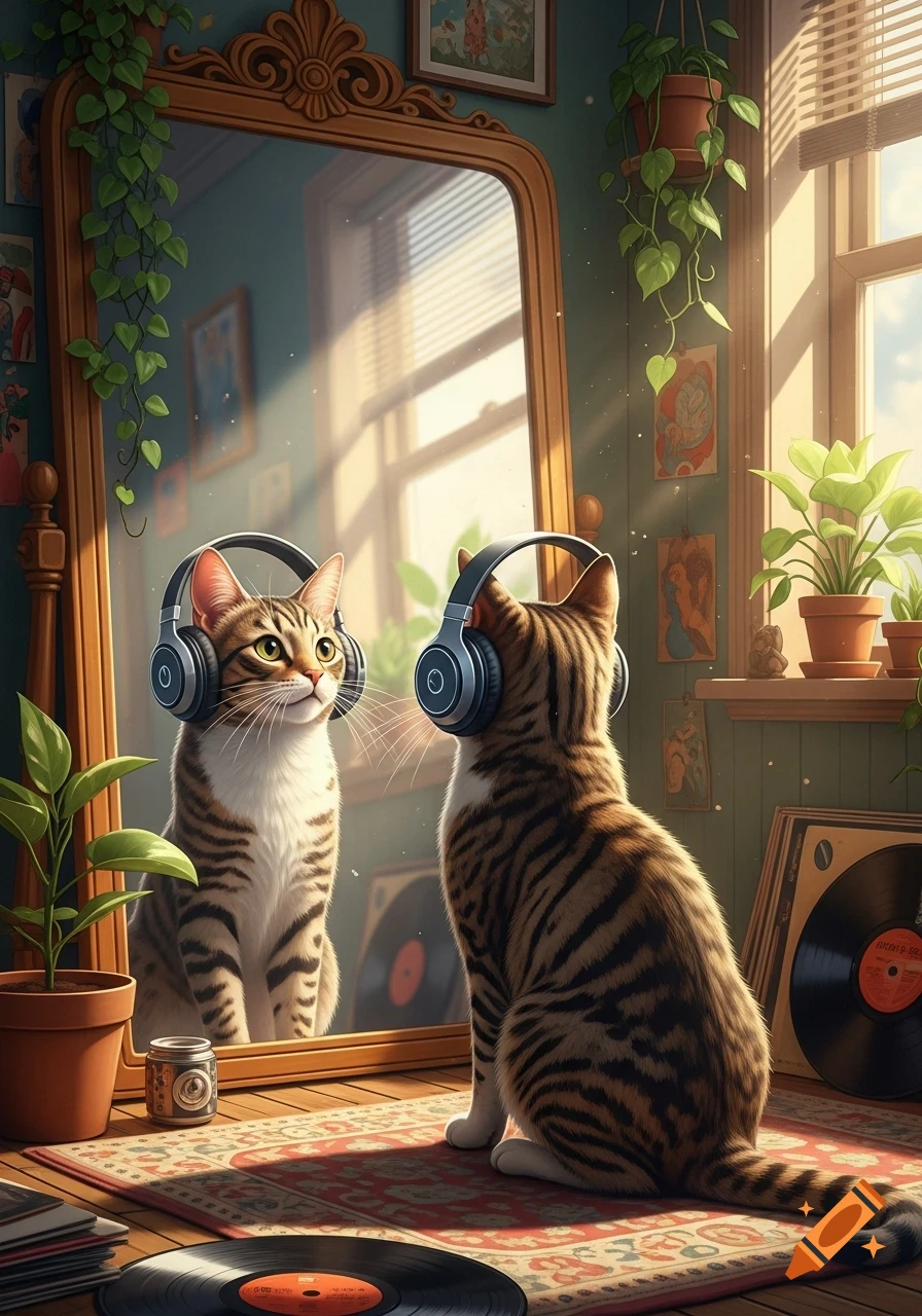 A tabby cat wearing headphones sits on a rug in a sunlit room, looking at its reflection in a large mirror.