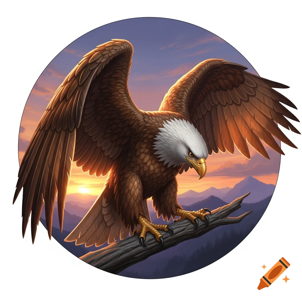 A stylized bald eagle with wings spread, perched on a branch at sunset with mountains in the background, in a circular frame.