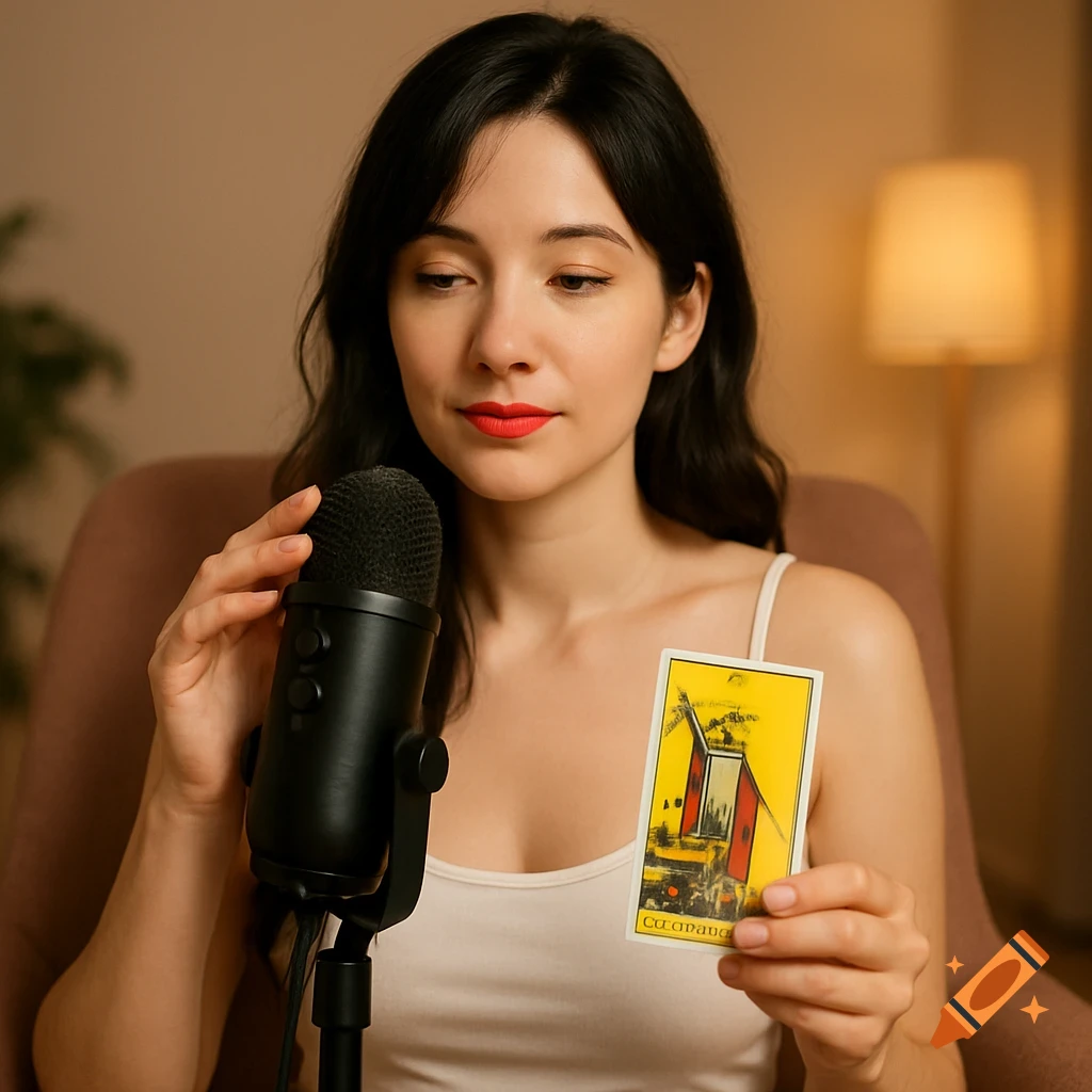 Woman with long dark hair, red lipstick, wearing a white tank top, holding a microphone and a tarot card while doing ASMR.