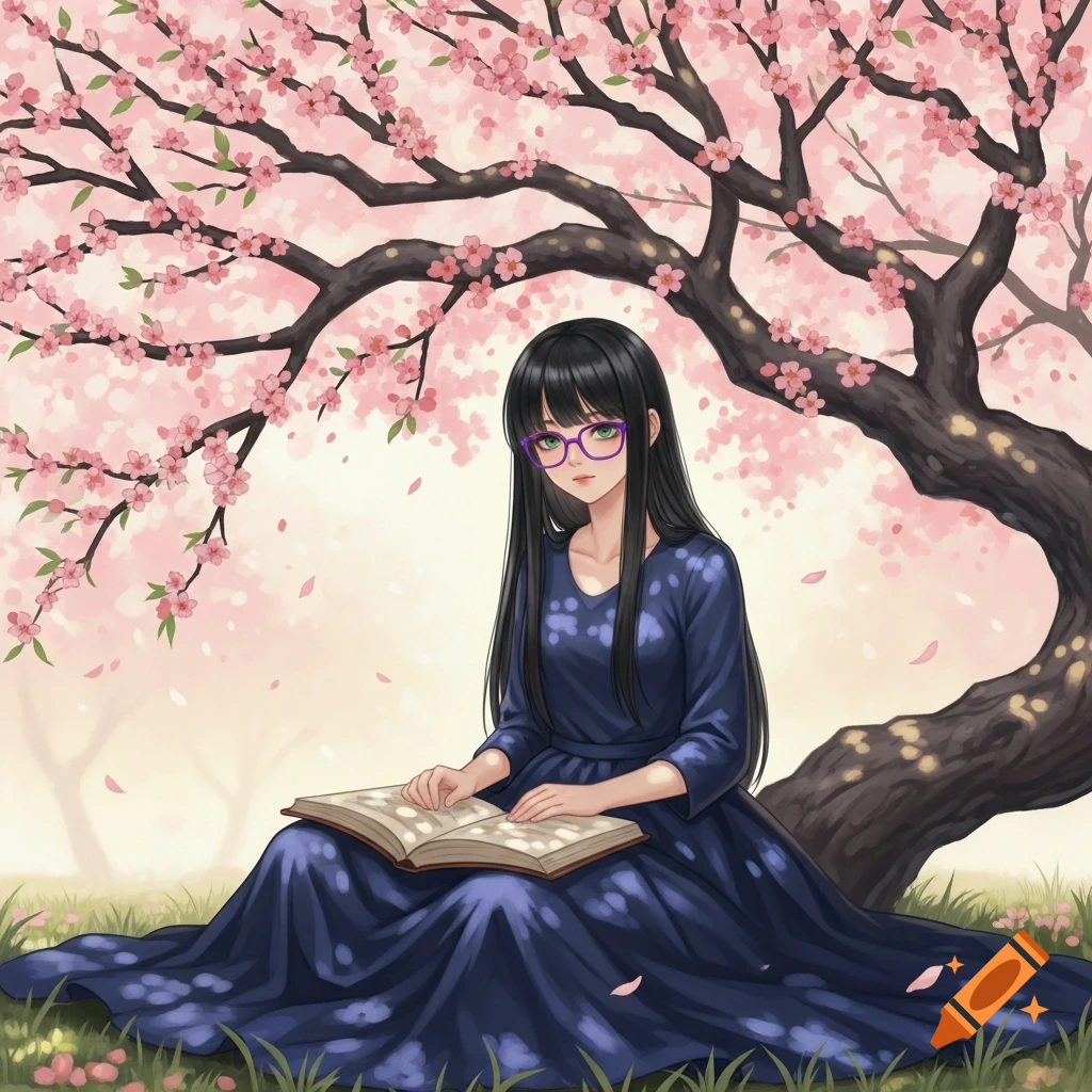 Anime girl with purple glasses and black hair in a blue dress reading under a pink flowering tree.