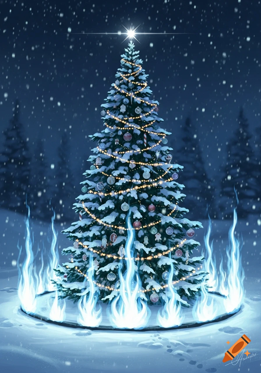 A snow-covered Christmas tree with golden lights and a star, surrounded ...