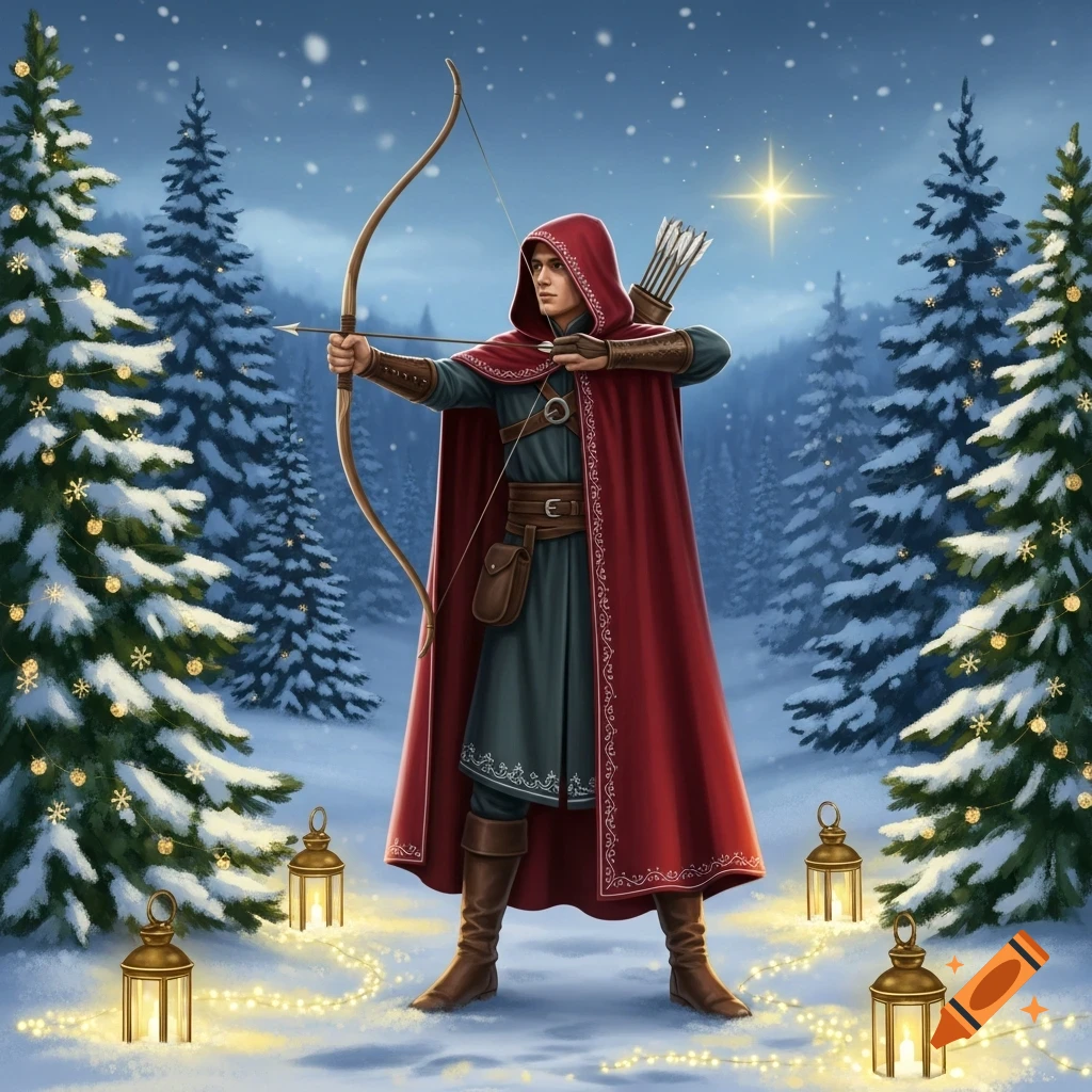 A fantasy archer in a red cloak aims a bow in a snowy Christmas forest with decorated trees and glowing lanterns.