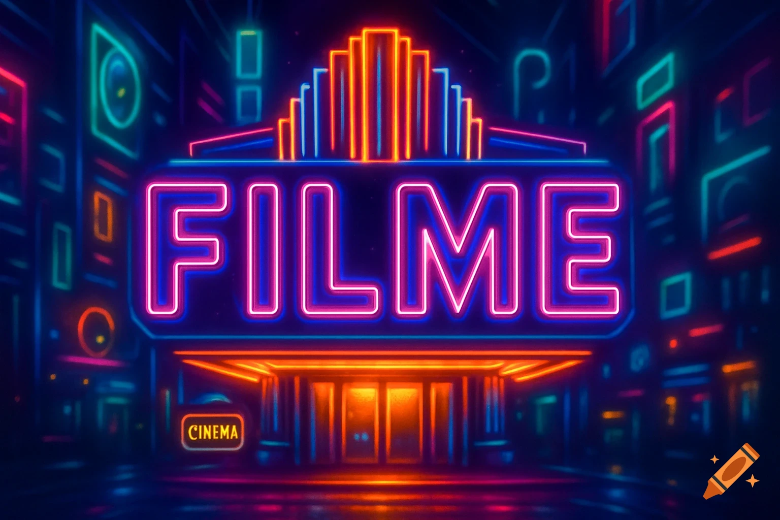 Vibrant neon cinema marquee displaying 'FILME' in pink and blue and 'CINEMA' in yellow, against a dark, glowing city street.