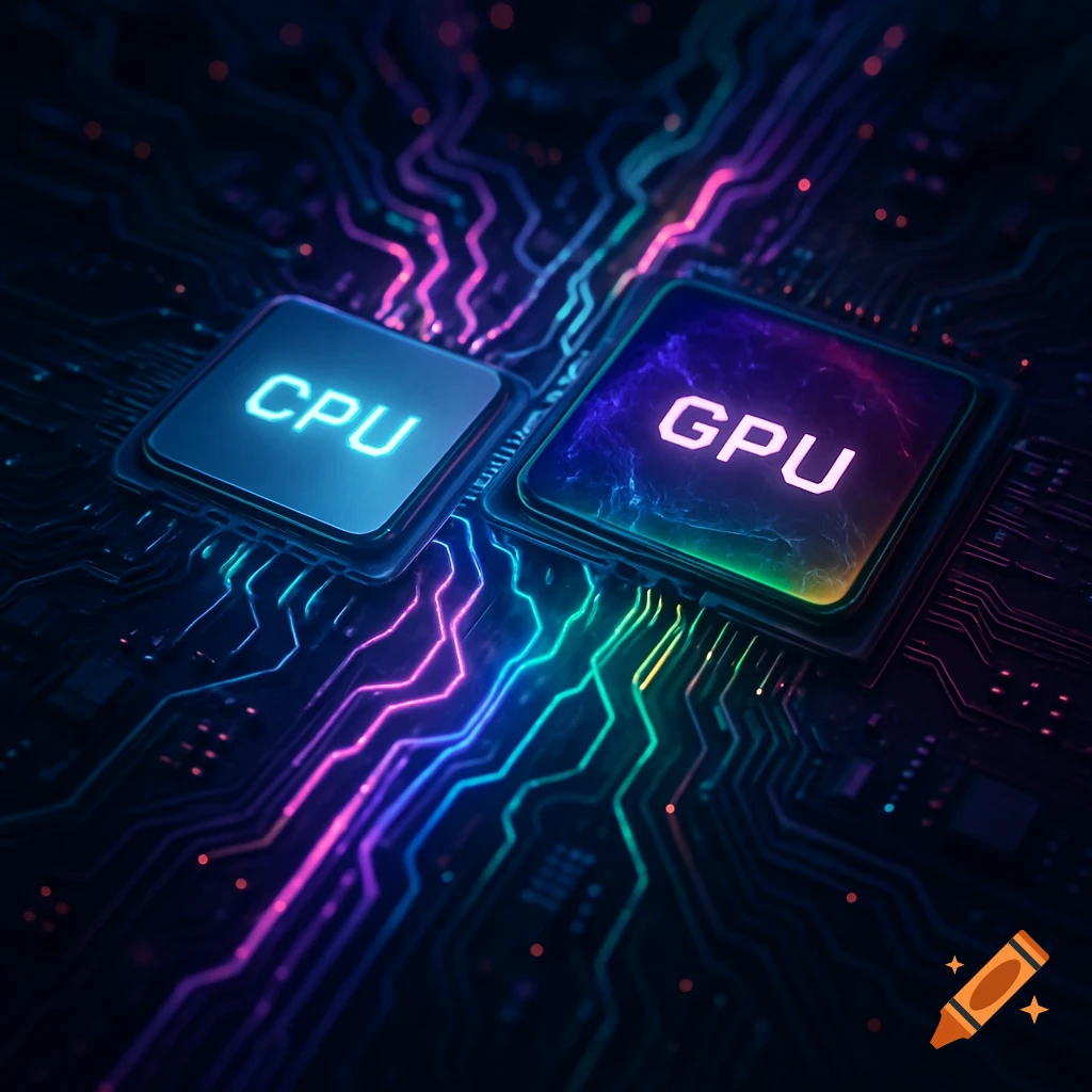 Two glowing microchips, labeled CPU and GPU, on a dark circuit board with colorful neon traces.