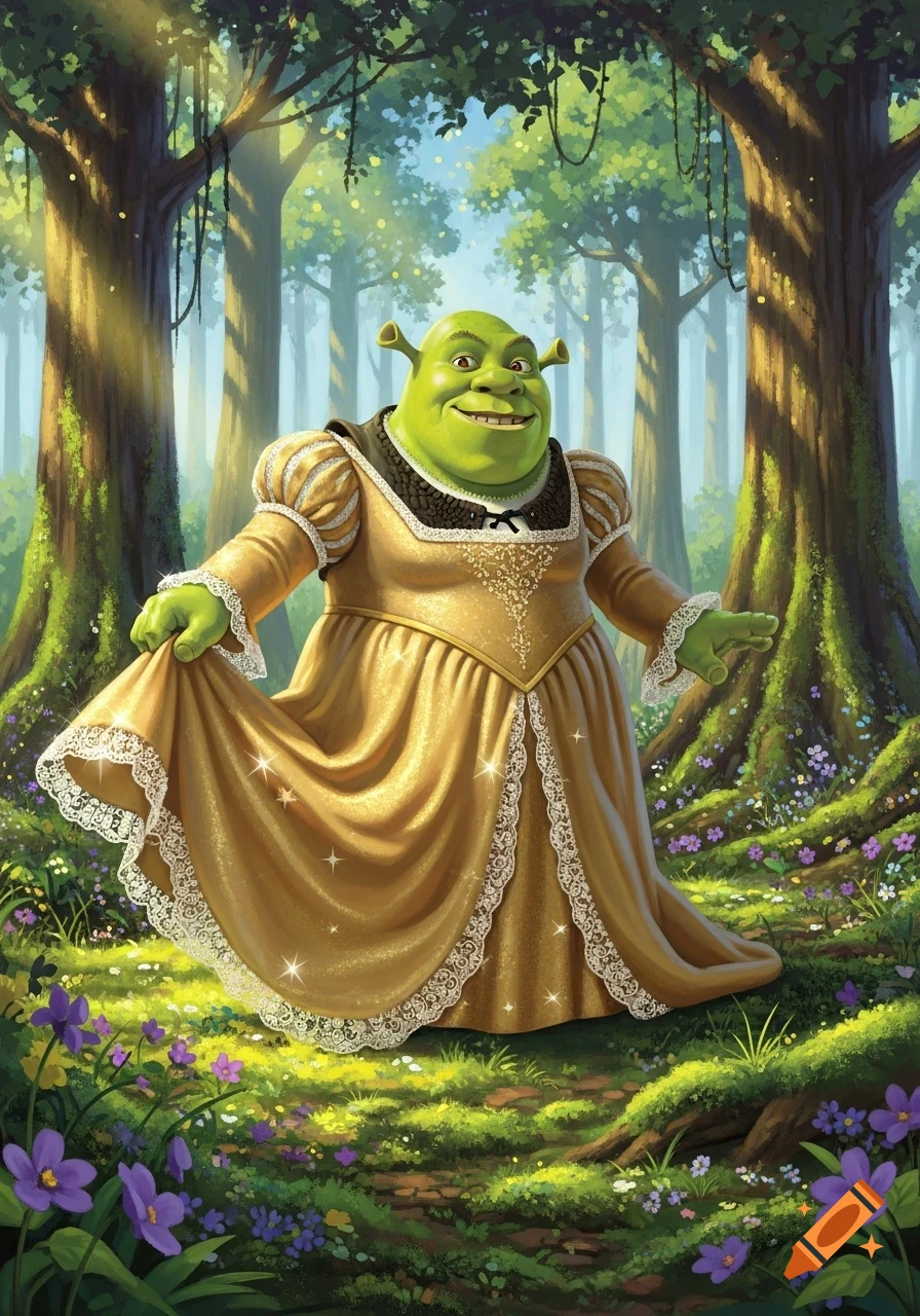 Shrek wearing a long, golden, lace-trimmed dress, posing in a vibrant, sunlit forest, in a cartoonish illustration style.