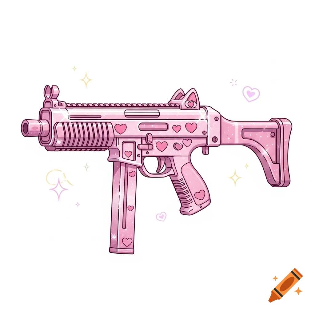 A cute pink submachine gun adorned with hearts and cat ears, sparkling in a kawaii anime style illustration.