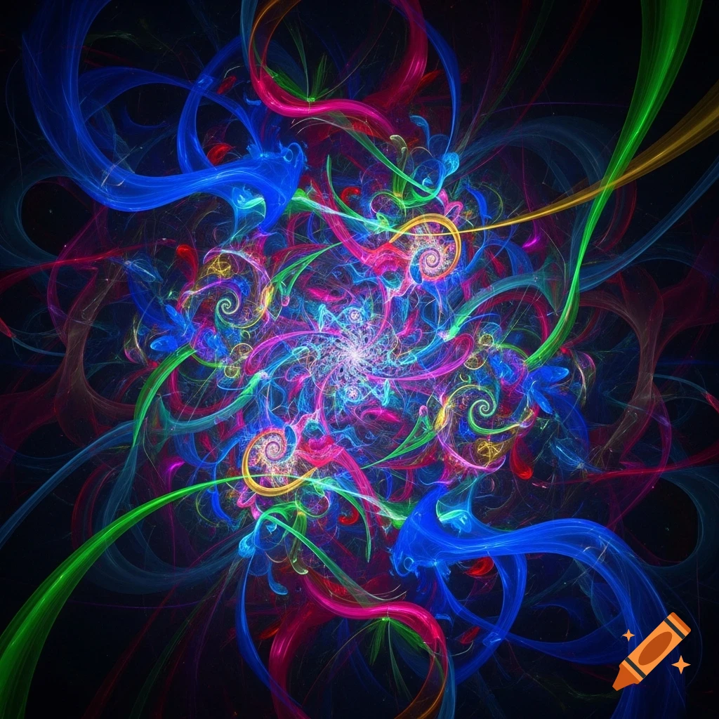 Vibrant abstract fractal with swirling neon blue, pink, green, and yellow light trails on a dark background.