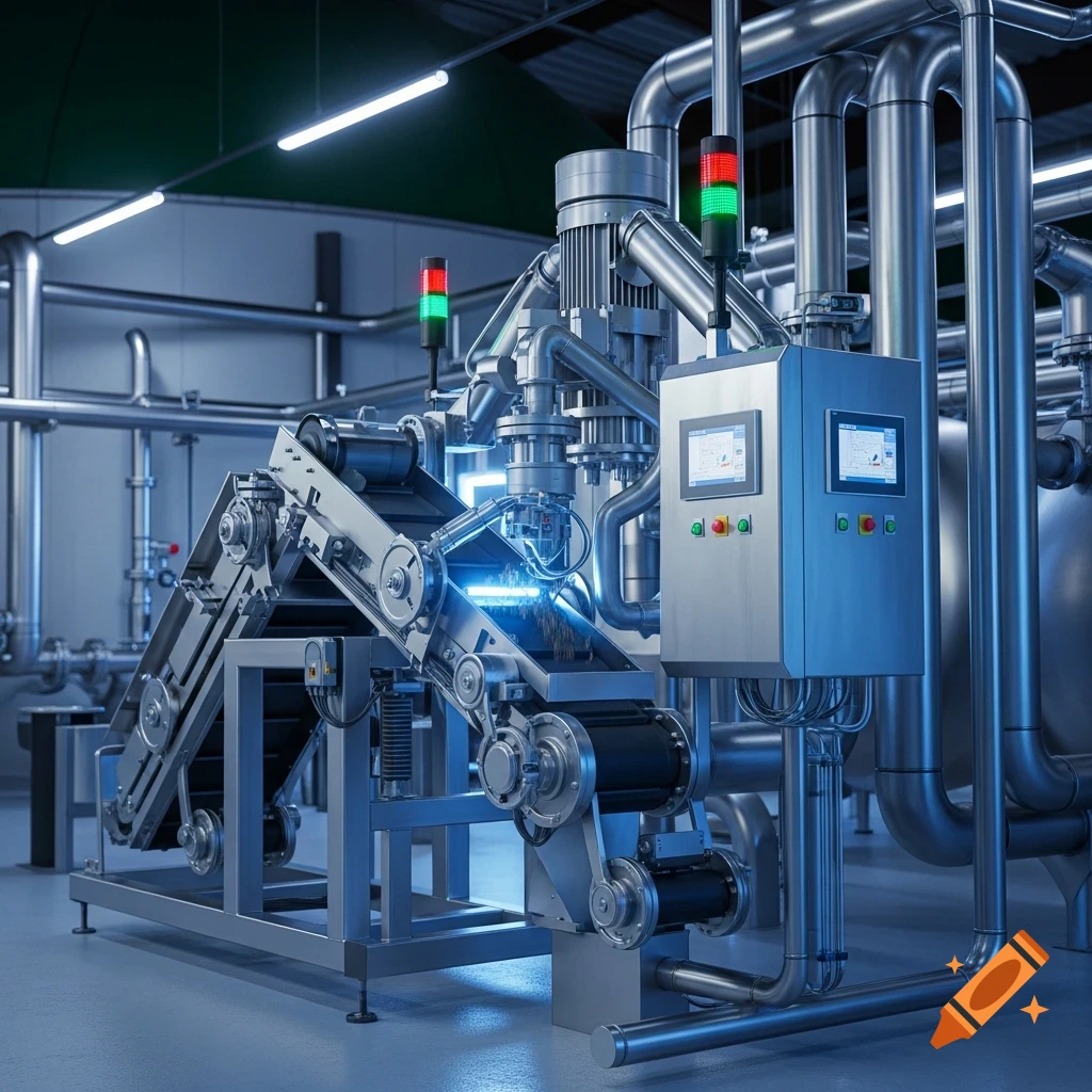 Photorealistic image of complex industrial machinery, including a conveyor belt system and control panel, in a modern factory setting.