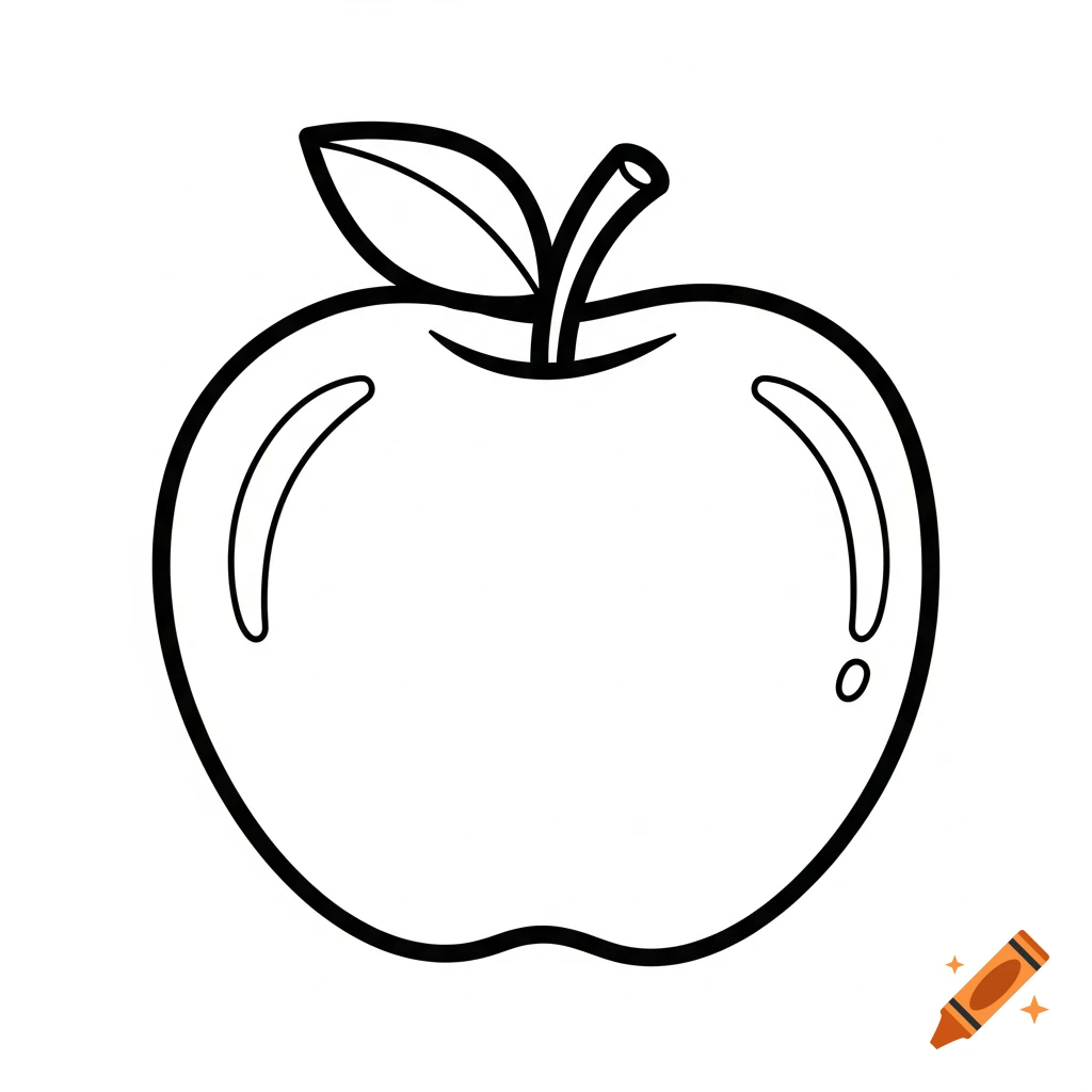 A simple black and white line art drawing of an apple with a stem and leaf, suitable for a coloring page.