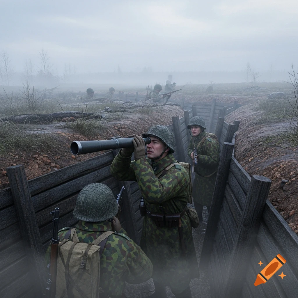 Finnish soldiers in a trench, one looking through a periscope at distant Russian soldiers in a foggy, photorealistic scene.