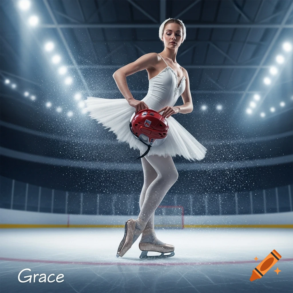 A woman in a white ballet tutu and ice skates holds a red hockey helmet on an ice rink under stadium lights.