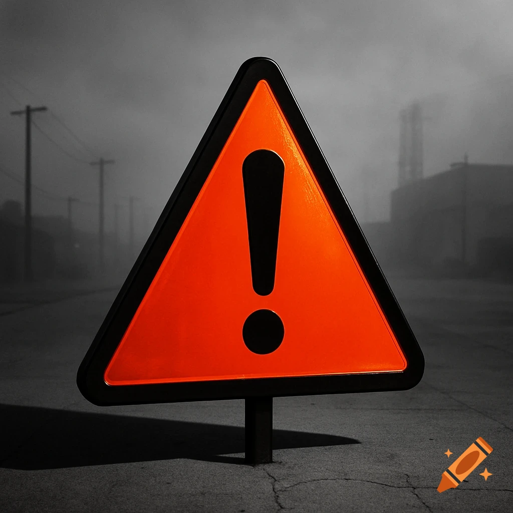 A prominent orange triangular warning sign with a black exclamation mark stands on a dark, cracked road, against a gloomy, foggy industrial background.