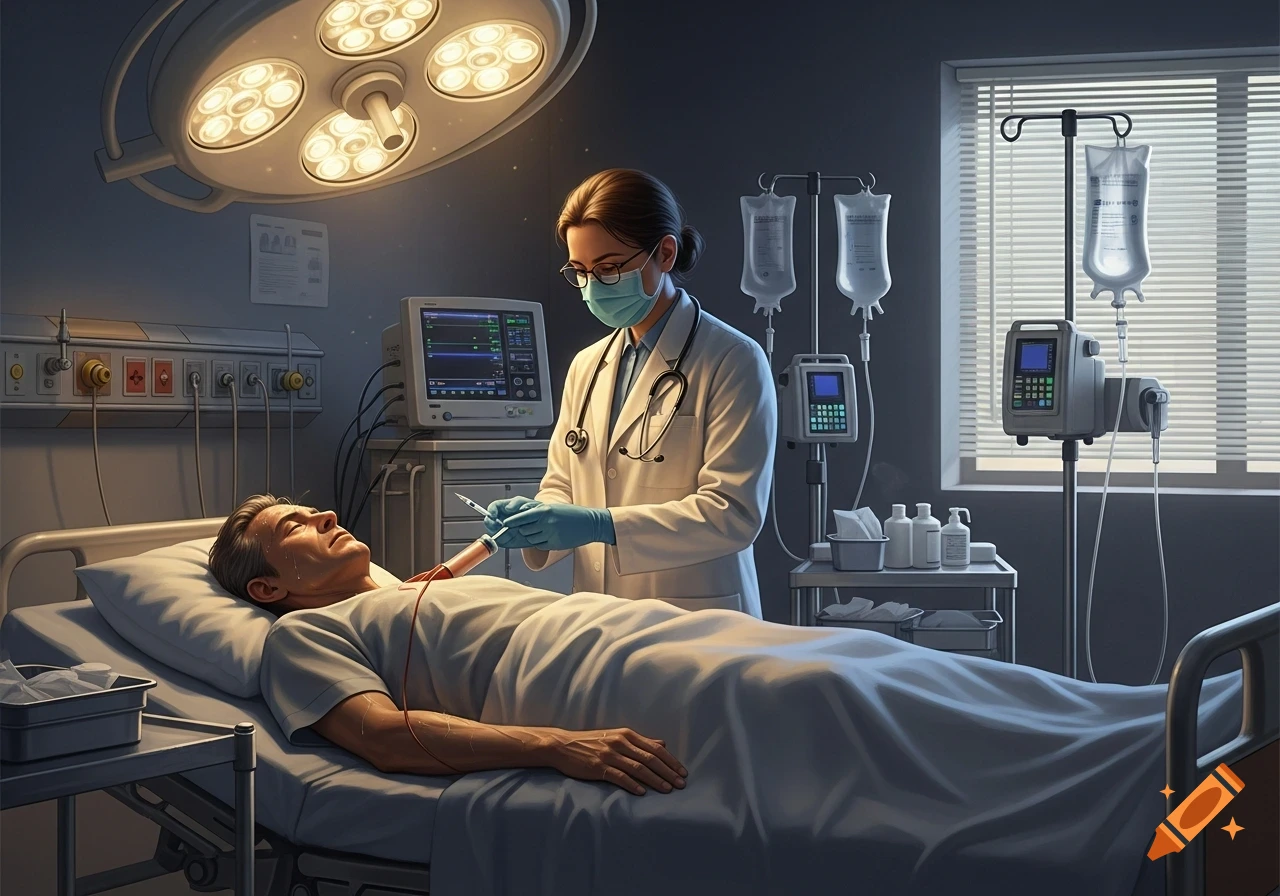 A doctor in a mask and gloves administers an IV to a patient lying in a hospital bed, under a bright operating lamp.