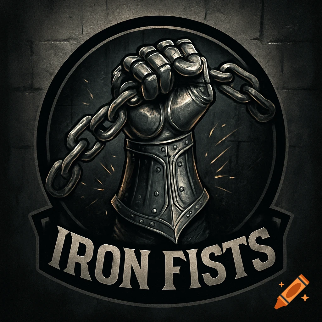 A stylized logo featuring an armored metal fist breaking a chain, with 'IRON FISTS' text below.
