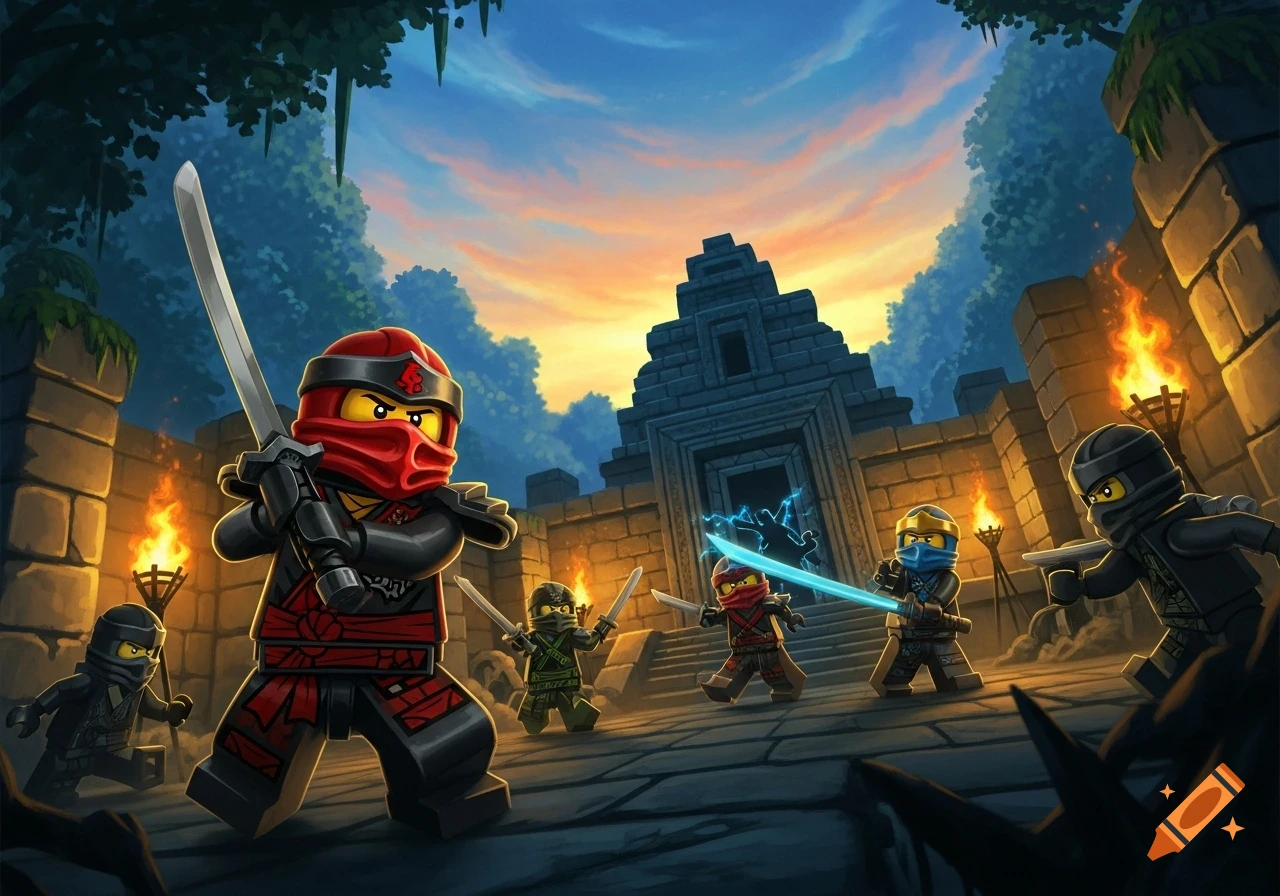 Lego Ninjago characters with swords in front of a temple ruin at sunset, with torches lighting the scene.