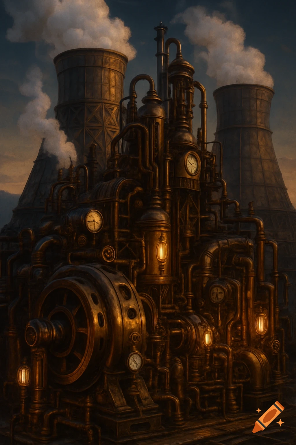 A massive, intricate steampunk industrial complex with pipes, gauges, gears, and smoking cooling towers under a dramatic sky.