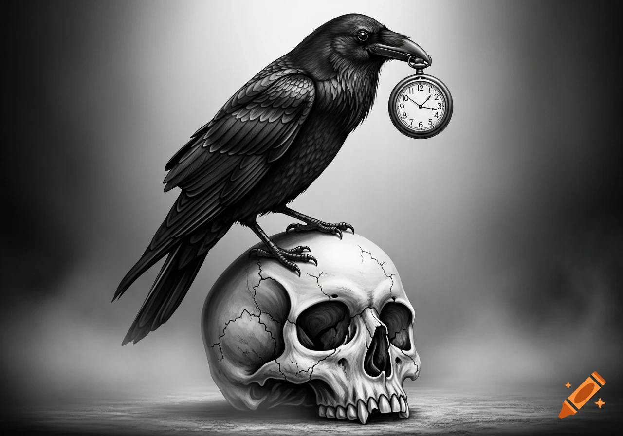 A black raven perches on a cracked skull, holding a pocket watch in its beak, in a black and white illustration.