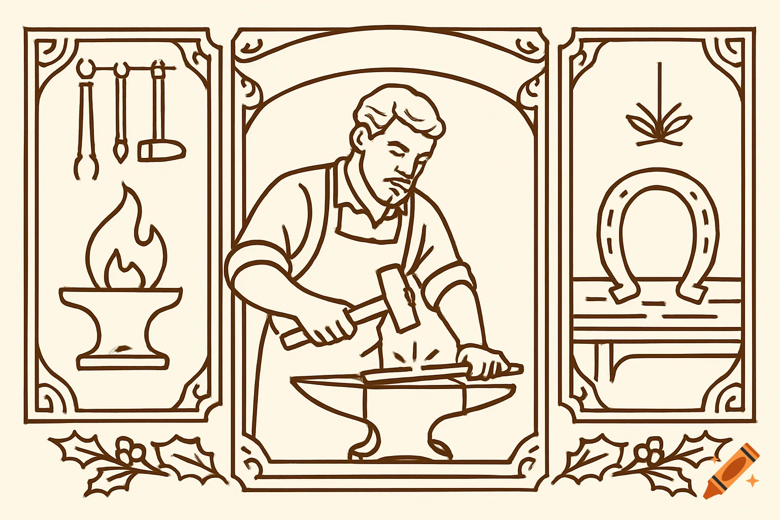 Victorian line art triptych of a blacksmith forging metal, with a forge, tools, and horseshoe, decorated with holly.
