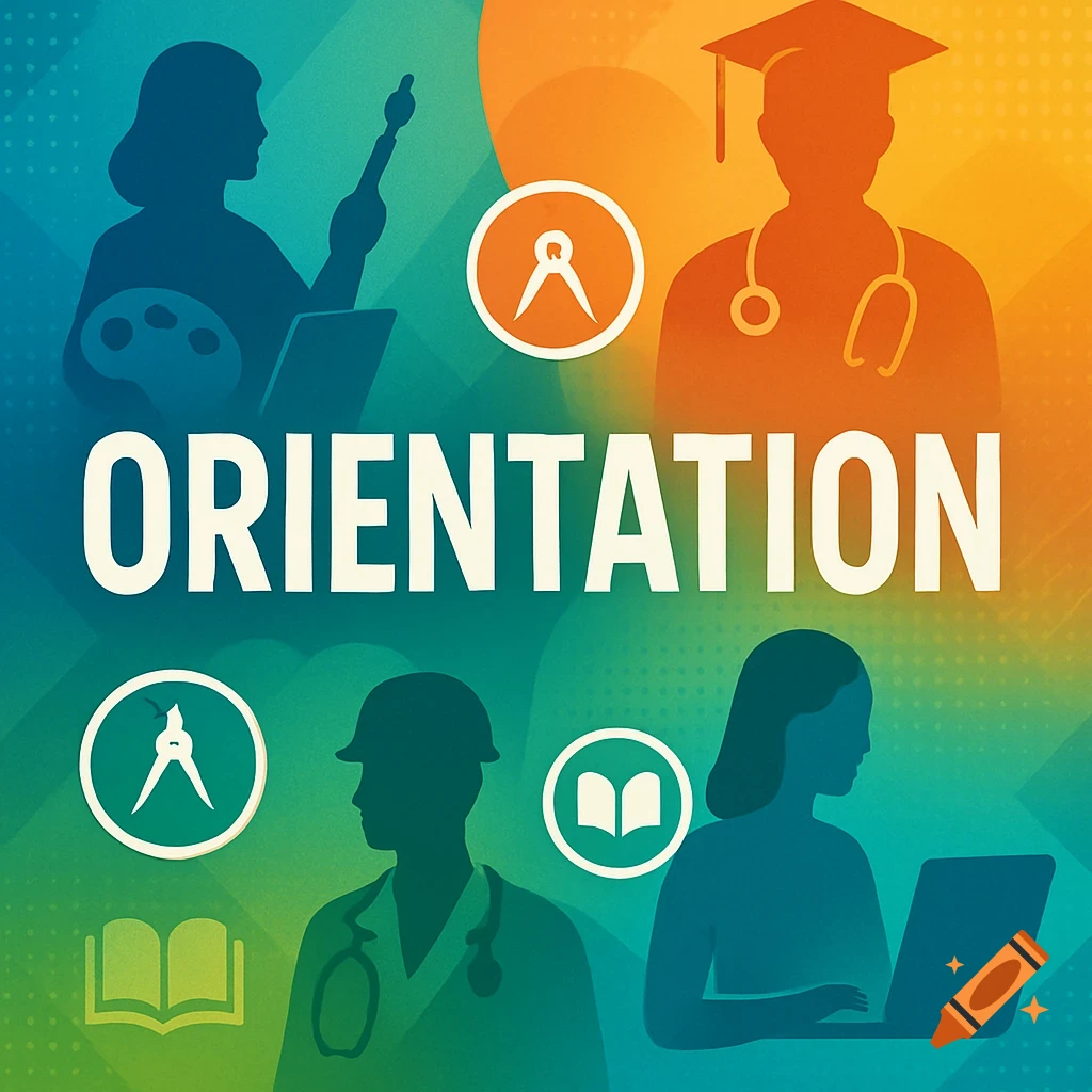 Colorful illustration of various career and educational silhouettes, with the word 'ORIENTATION' prominently displayed.