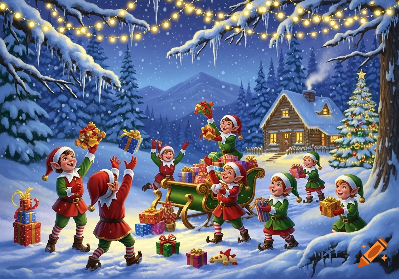 A festive illustration of joyful Christmas elves playing with gifts in a snowy winter wonderland with a cozy cabin and decorated tree.