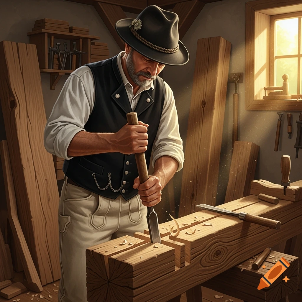 A bearded craftsman in traditional attire chisels a wooden beam in a sunlit workshop, surrounded by lumber.