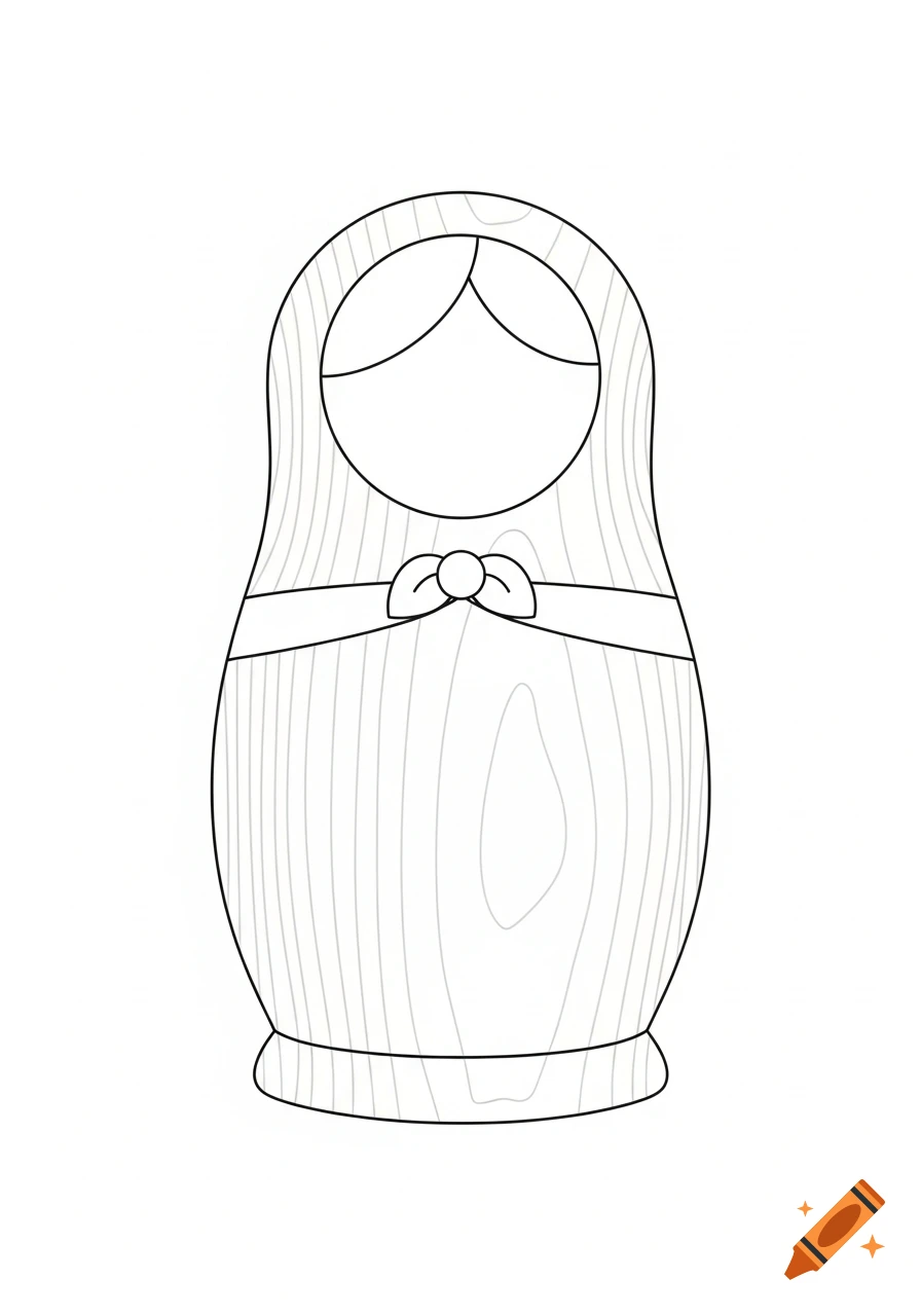 A simple black outline drawing of a Matryoshka doll body with light gray wood grain lines, on a white background.