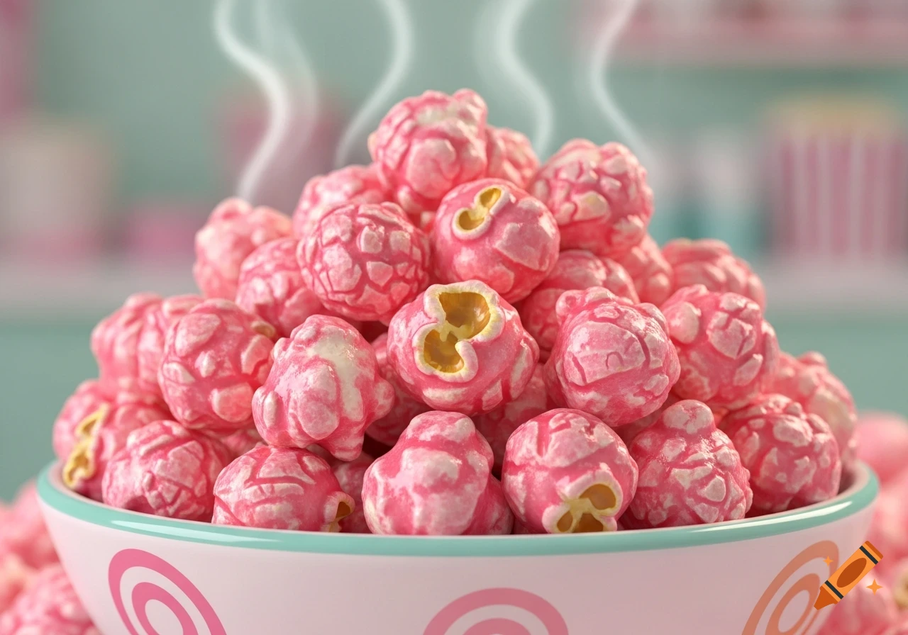 A close-up of a white bowl with pink and orange designs, overflowing with steaming, brightly colored pink popcorn.