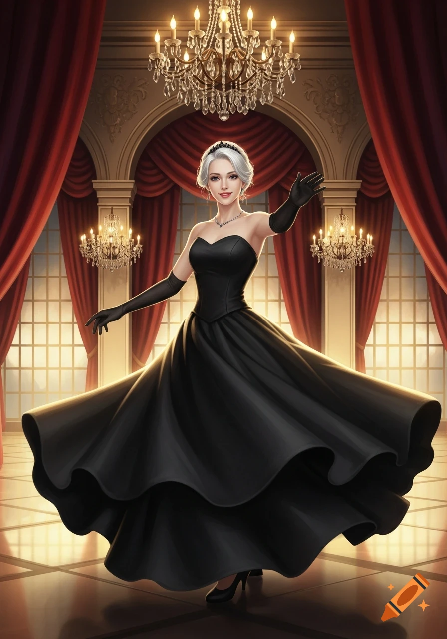 A smiling woman in a black strapless ballgown and long gloves twirls in a grand ballroom. Illustrated style.