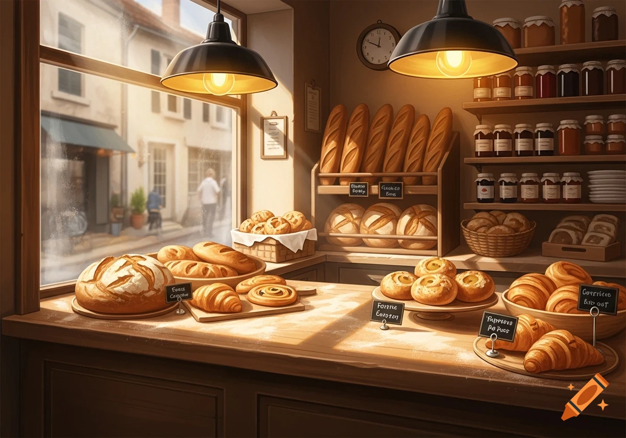 Warm bakery interior with bread, croissants, and jars on wooden shelves and counters. Sunlight streams through a window overlooking a street.