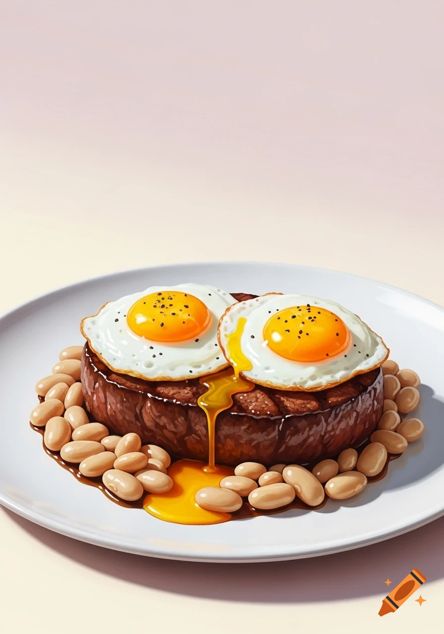 A plate features a beef steak topped with two sunny-side-up eggs with runny yolks, surrounded by white beans, in a digital drawing style.