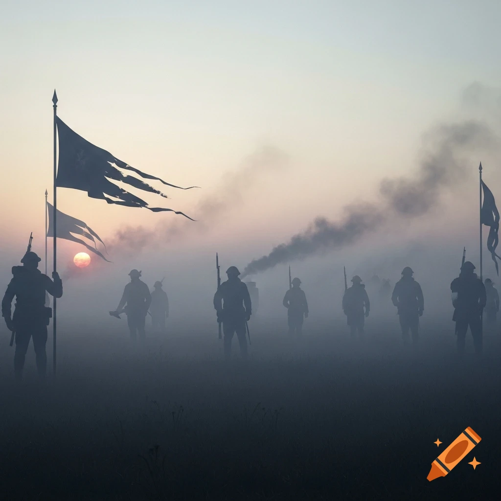Silhouettes of soldiers with flags and rifles in a foggy field at dawn with a rising sun and smoke.