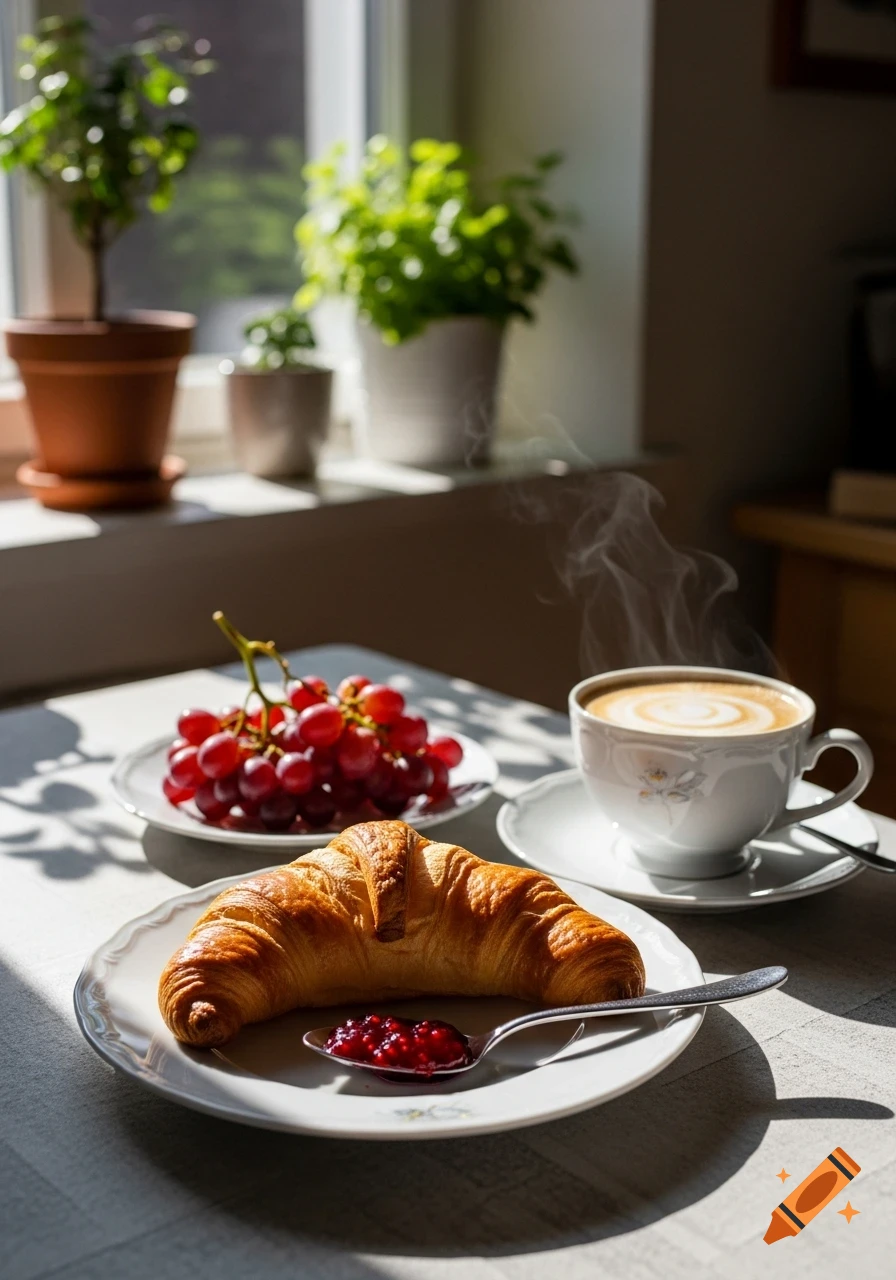A fresh breakfast with a croissant, jam, red grapes, and a steaming cup of coffee on a table by a sunlit window.
