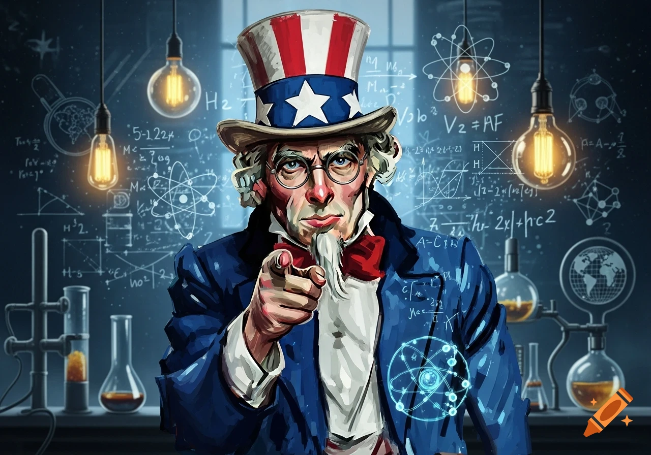 An artistic rendition of Uncle Sam in a laboratory, pointing at the viewer amidst scientific equations and glowing light bulbs.