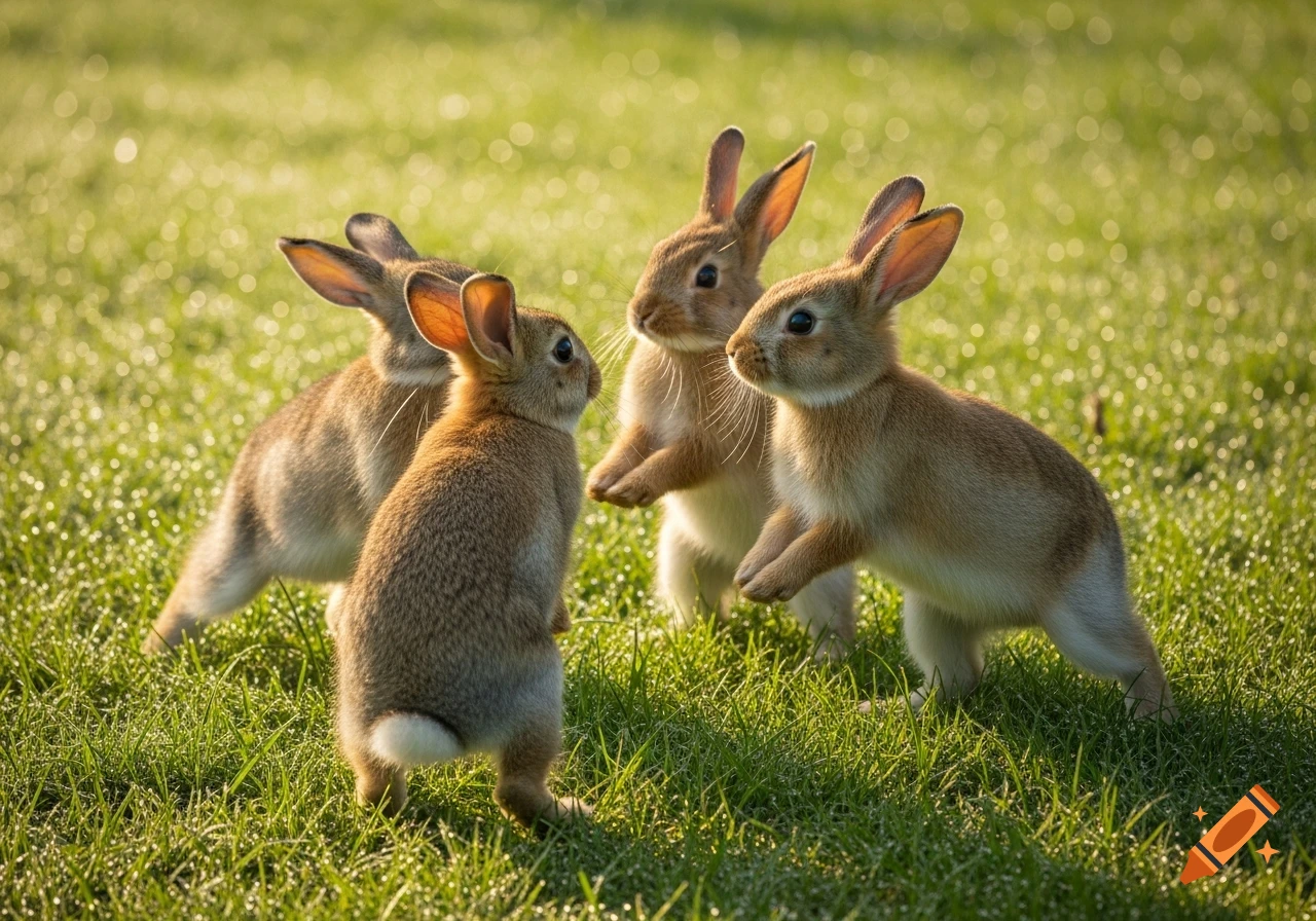 Four photorealistic baby rabbits stand in a circle on dewy green grass, looking at each other in golden morning light.