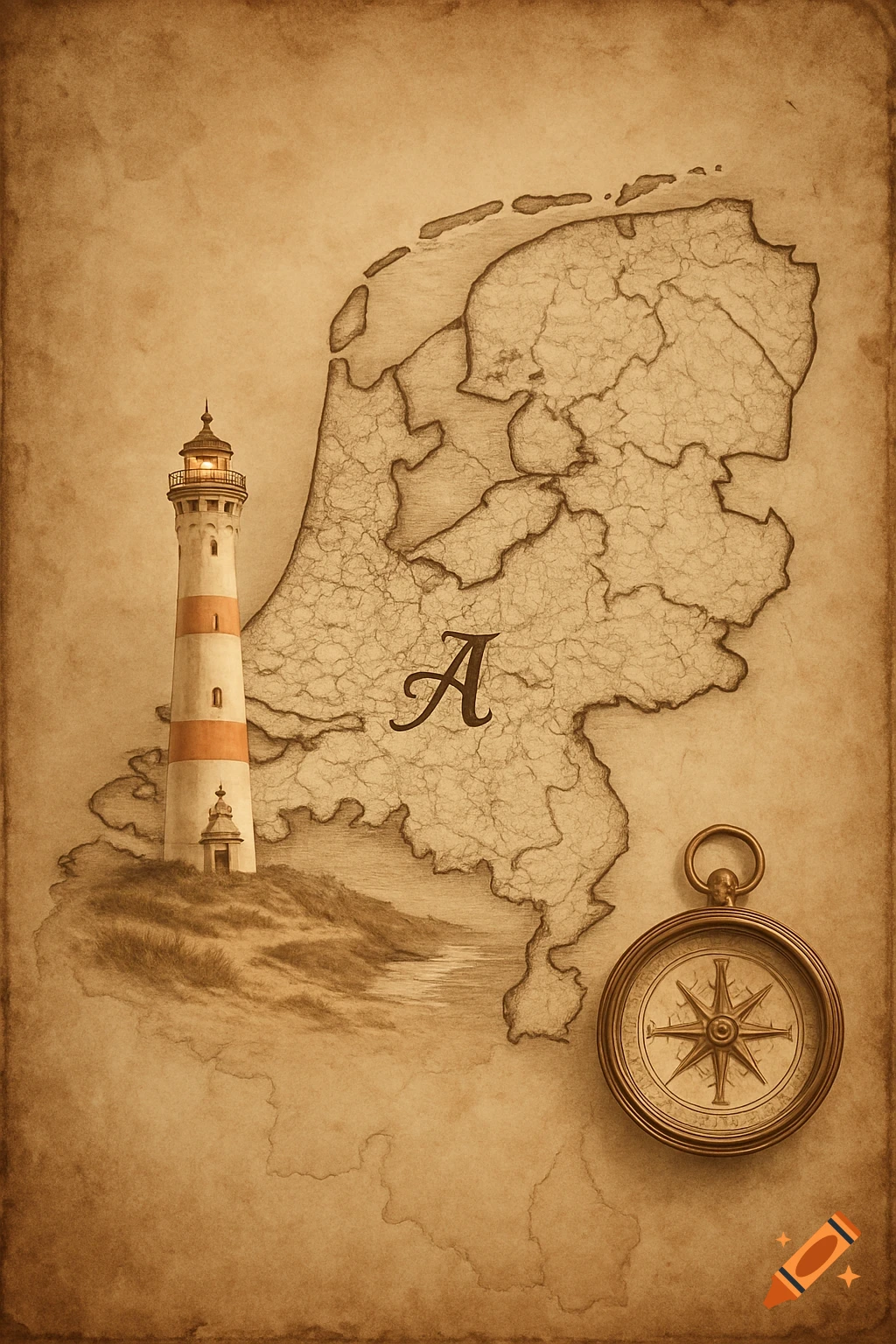 Vintage sepia-toned map of the Netherlands featuring a lighthouse, a compass, and a stylized capital A.