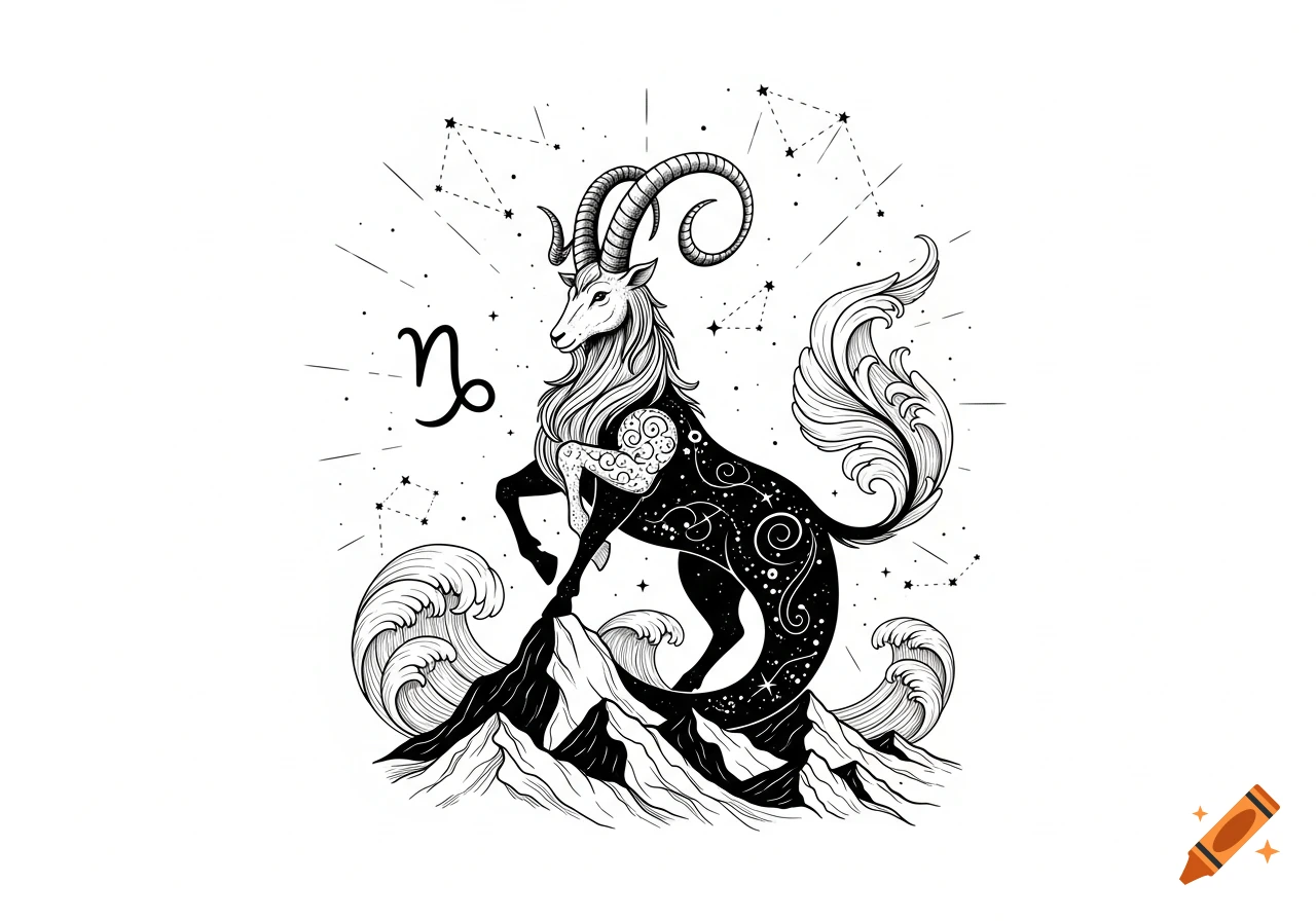 A black and white stylized illustration of a Capricorn zodiac sign, a goat-fish standing on mountains and waves, with stars and the Capricorn symbol.