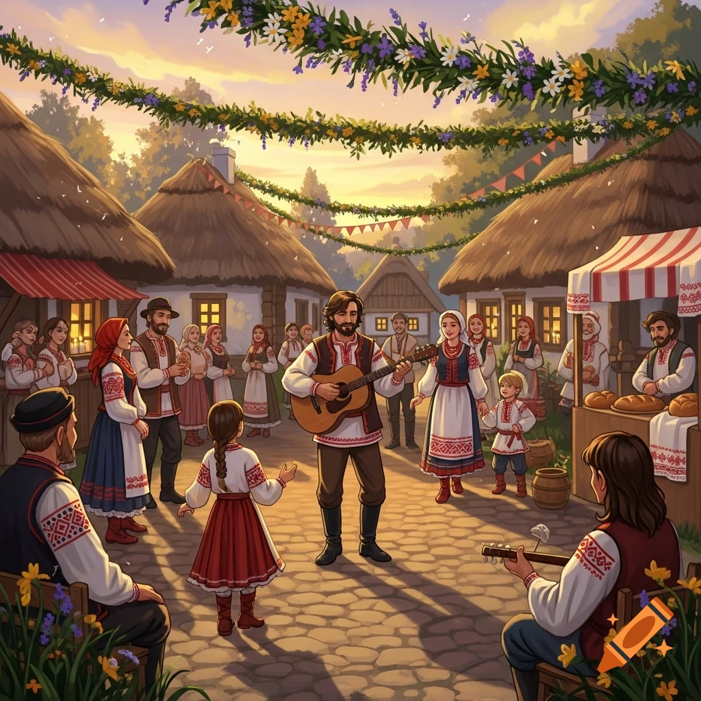 An animated illustration of a lively village folk festival at sunset, with people in traditional dress dancing and playing music.