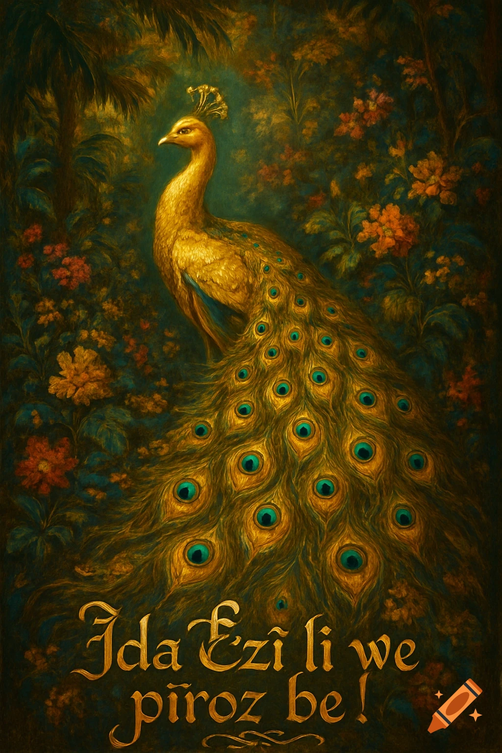 Ornate painting of a golden peacock with a full tail amidst lush green and orange foliage, with golden script at the bottom.